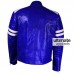 Men Blue Leather Motorcycle Jacket With White Stripes